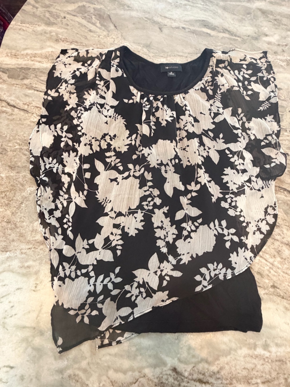 AB Studio Floral Chiffon Layered Blouse Medium Black White Business Casual Top